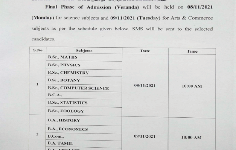 UG(Arts & Science) Final Phase of Admission(Veranda)